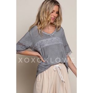 POL Lace Trimmed Premium Tee V Neck Relaxed Fit